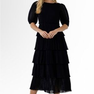 Tuckernuck ENGLISH FACTORY Dotted Mixed Media Tiered Dress Black Sz XS NEW